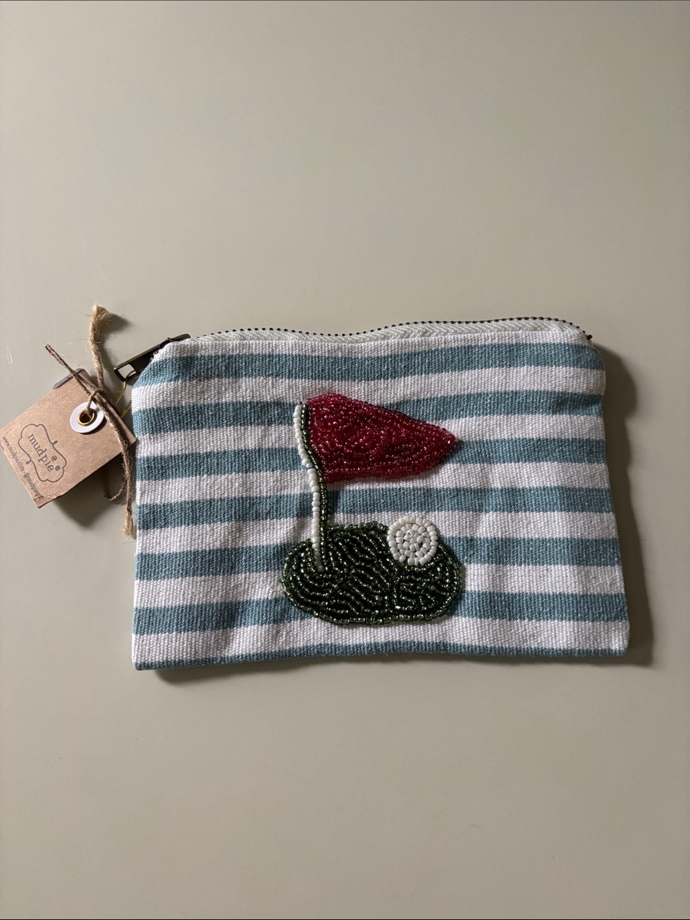 Mud Pie Striped Beaded Pouch - Blue & White with Red and Green Accent